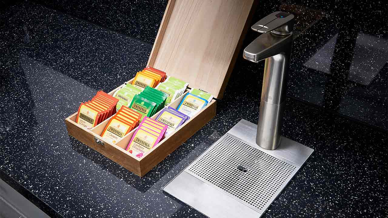 herbal teas next to a water tap