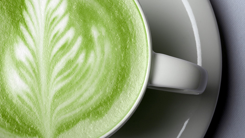 Match latte close up