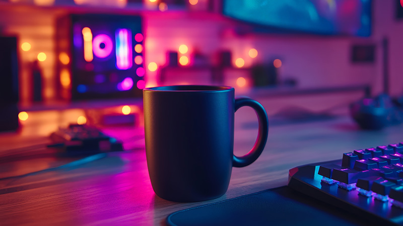 coffee mug in front of gaming pc setup